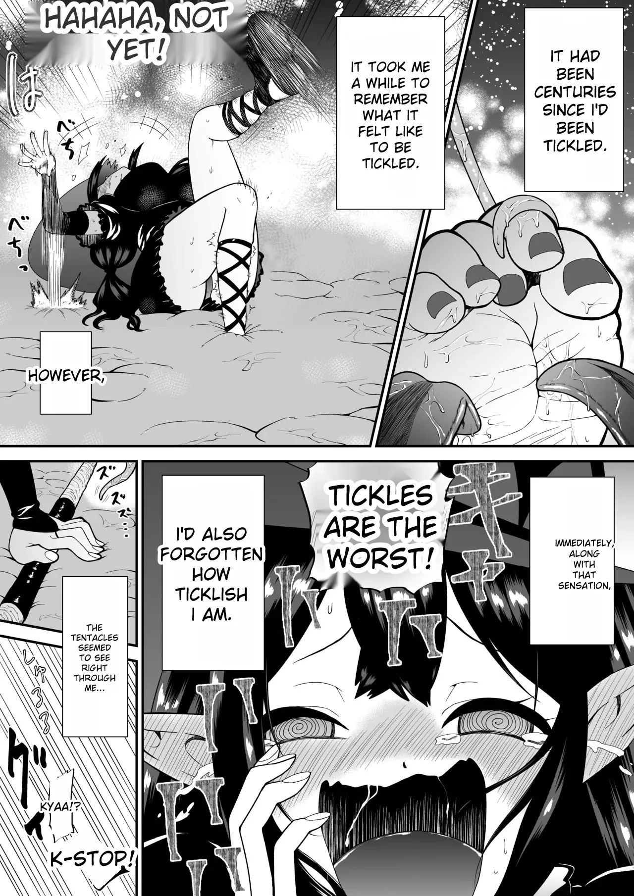 A story about a witch who thought she was invincible, but was tickled and soaked by tentacles and made to cry. Chapter 1 - page 12